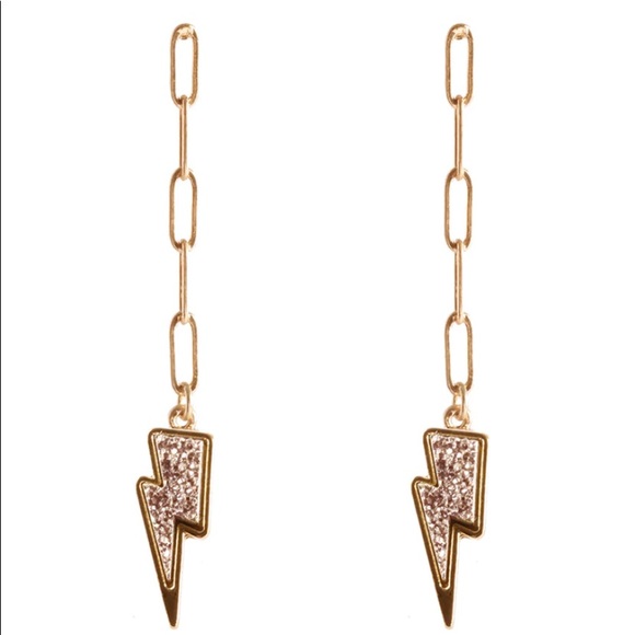 Riah Fashion Jewelry - ROSE GOLD DRUZY LIGHTNING BOLT & GOLD METAL CHAIN LINK 2.5” DANGLE POST EARRINGS